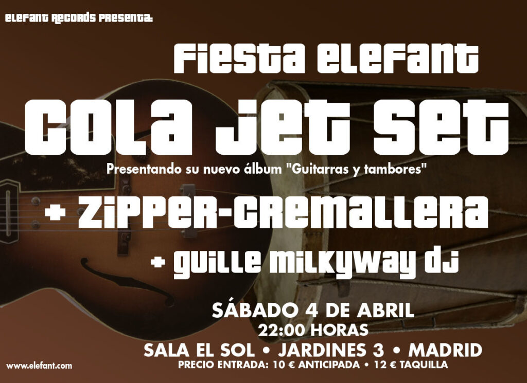 Imagen destacada de noticia: Fiesta Elefant: Cola Jet Set + Zipper-Cremallera + Guille Milkyway Dj [4 Abril, Madrid]